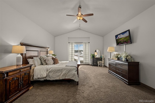 carpeted bedroom featuring ceiling fan and lofted ceiling