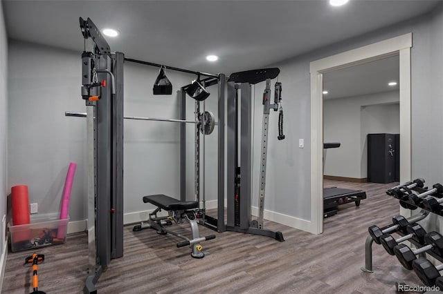 exercise room featuring hardwood / wood-style floors