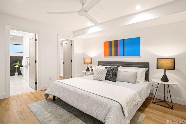 bedroom featuring light wood-type flooring and ceiling fan