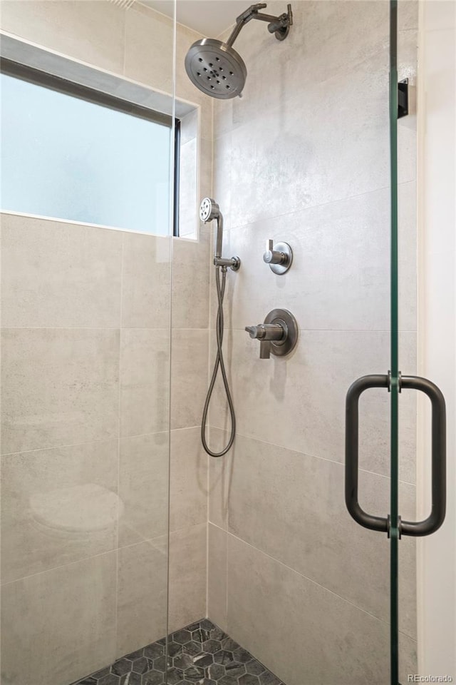 bathroom with a shower with shower door