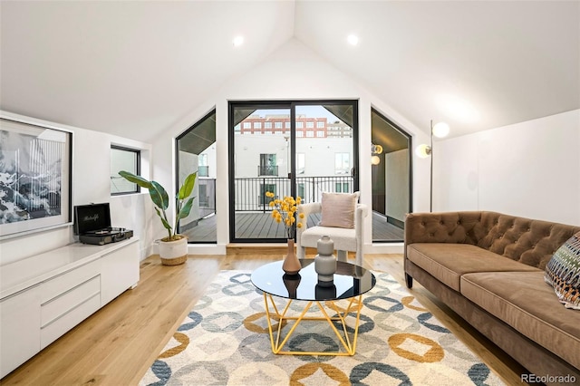 living room with lofted ceiling and light wood-type flooring