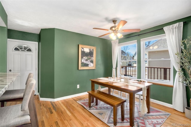 dining area featuring ceiling fan and light wood-type flooring