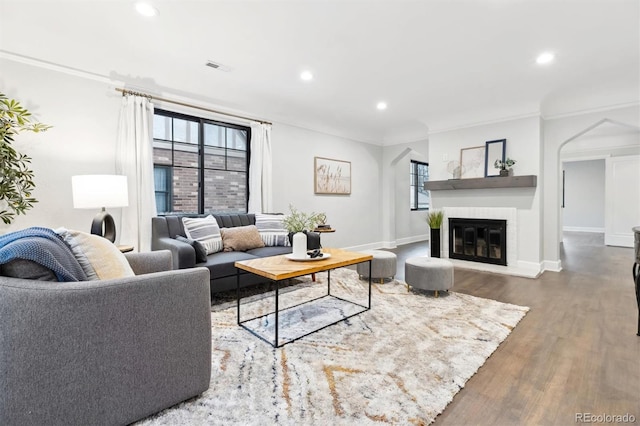 living room with a fireplace, crown molding, dark hardwood / wood-style flooring, and a healthy amount of sunlight