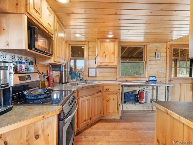 kitchen with electric range, light hardwood / wood-style floors, wood ceiling, and wooden walls