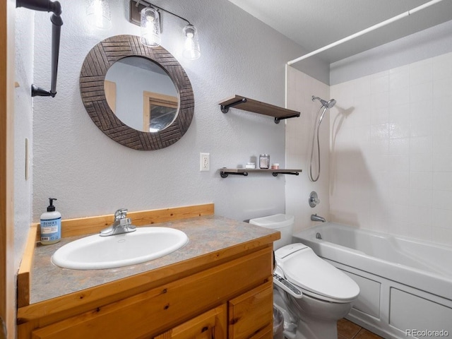 full bathroom with vanity, shower / bath combination, and toilet