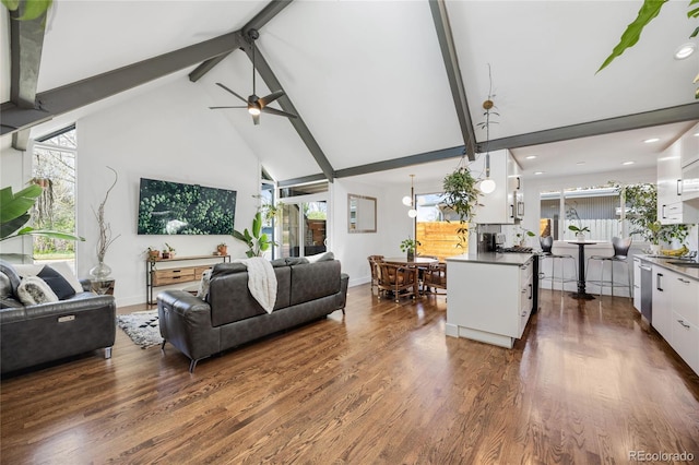 1380 S Dahlia St, Denver, CO 80222 - living area with ceiling fan, beam ceiling, high vaulted ceiling, and dark wood-style flooring