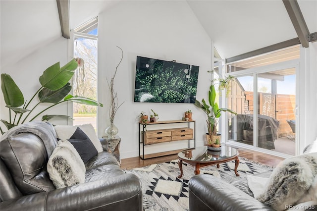 1380 S Dahlia St, Denver, CO 80222 - living room featuring lofted ceiling with beams, baseboards, and wood finished floors