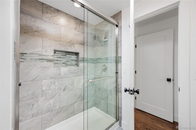 1380 S Dahlia St, Denver, CO 80222 - bathroom with wood finished floors and a stall shower