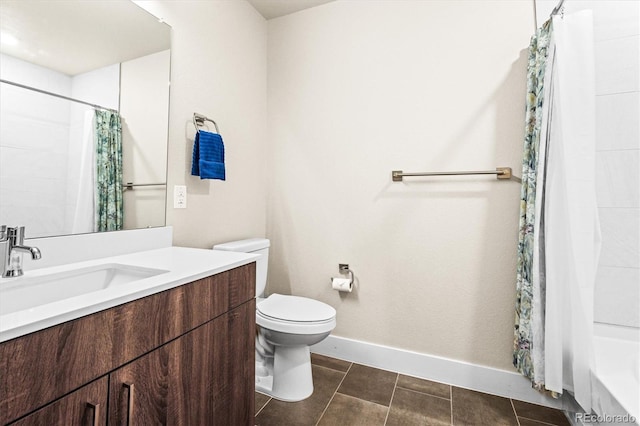 full bathroom with vanity, shower / bath combo, tile patterned floors, and toilet