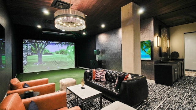 home theater room featuring wood ceiling, golf simulator, and carpet