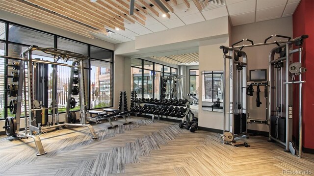 20 Wilcox St Unit 517, Castle Rock, CO 80104 - exercise room featuring baseboards and carpet flooring