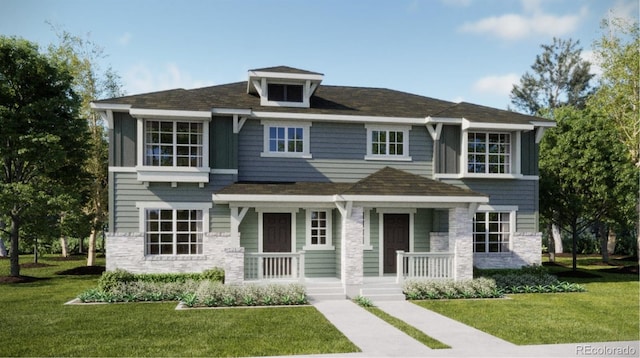 15238 Detroit St, Thornton, CO 80602 - view of front facade with stone siding, covered porch, and a front lawn
