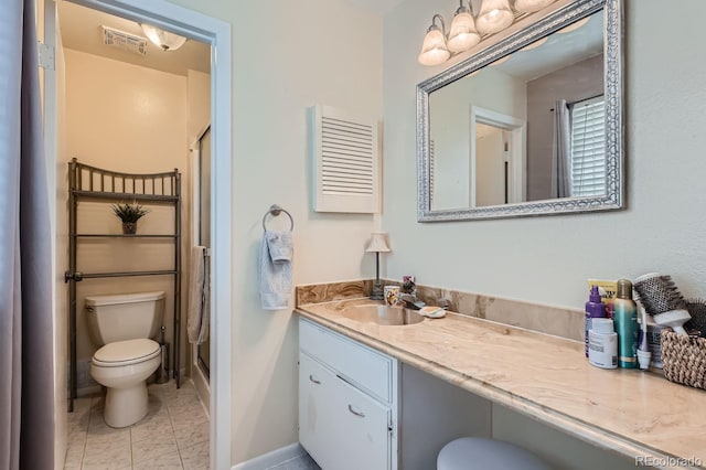 bathroom with walk in shower, vanity, and toilet