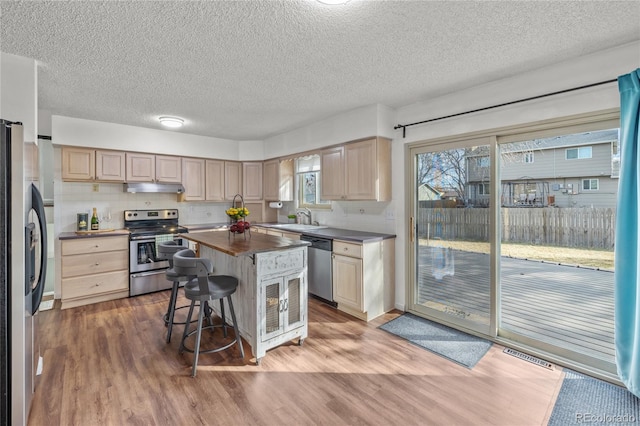 kitchen with appliances with stainless steel finishes, light brown cabinets, a sink, and under cabinet range hood