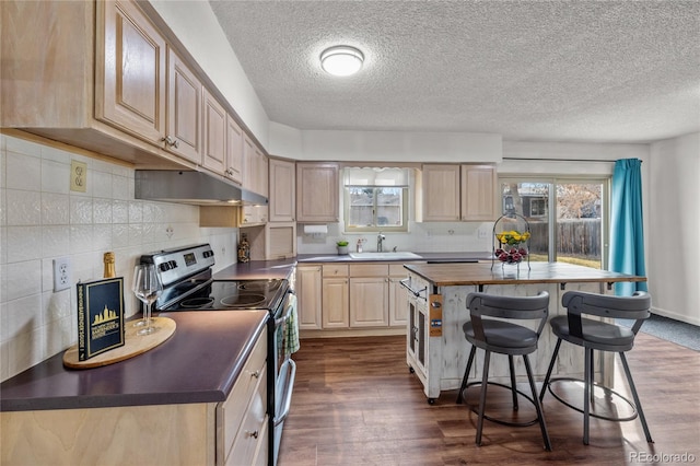 kitchen featuring under cabinet range hood, dark wood-type flooring, electric stove, and light brown cabinetry