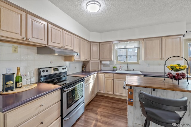 kitchen with dark countertops, under cabinet range hood, stainless steel range with electric stovetop, and a sink