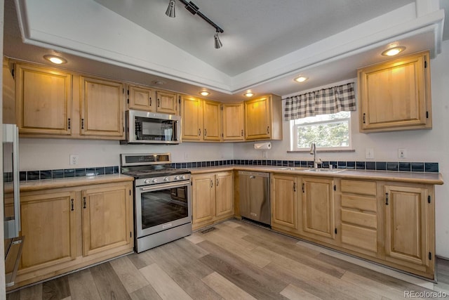 492 Kimmes Ln, Breckenridge, CO 80424 - kitchen with appliances with stainless steel finishes, a sink, light wood-type flooring, light brown cabinetry, and rail lighting