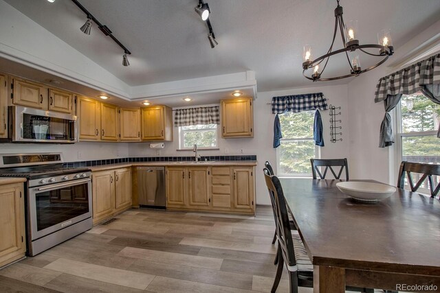 492 Kimmes Ln, Breckenridge, CO 80424 - kitchen with stainless steel appliances, a chandelier, a sink, light wood-type flooring, and rail lighting