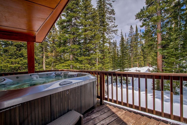 492 Kimmes Ln, Breckenridge, CO 80424 - wooden terrace featuring a hot tub and a forest view