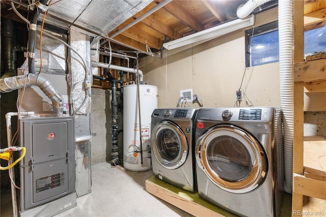 laundry area with gas water heater and washing machine and dryer