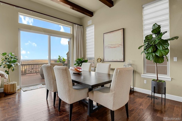 dining area with beamed ceiling, a healthy amount of sunlight, and dark wood-type flooring