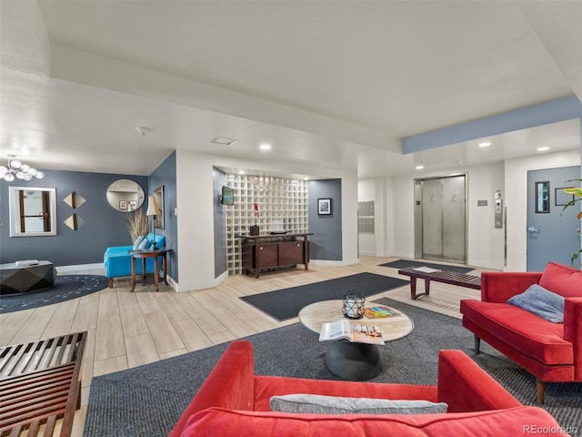 interior space featuring recessed lighting, a dry bar, baseboards, and wood finish floors