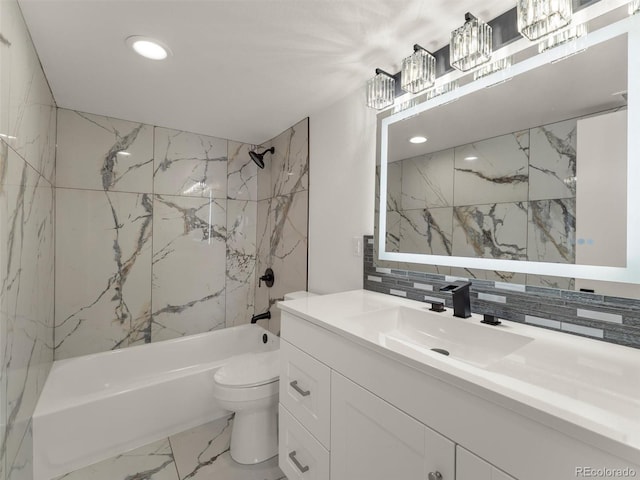 bathroom featuring shower / bathtub combination, toilet, marble finish floor, recessed lighting, and decorative backsplash