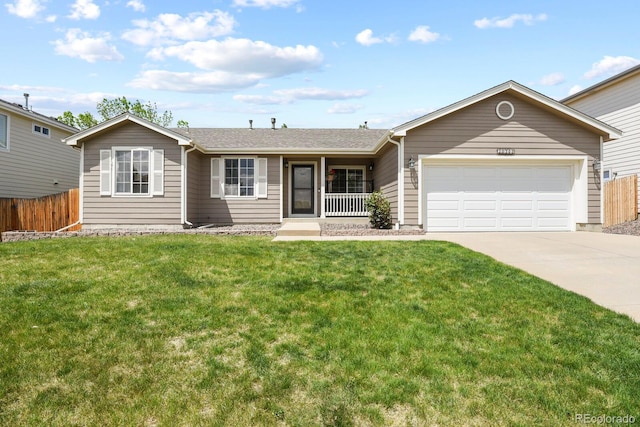 single story home with a front yard and a garage