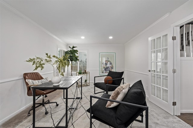 carpeted office featuring crown molding and french doors