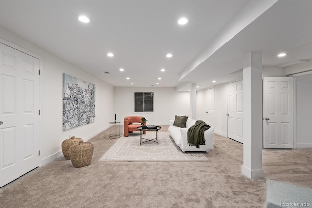 living room with light colored carpet