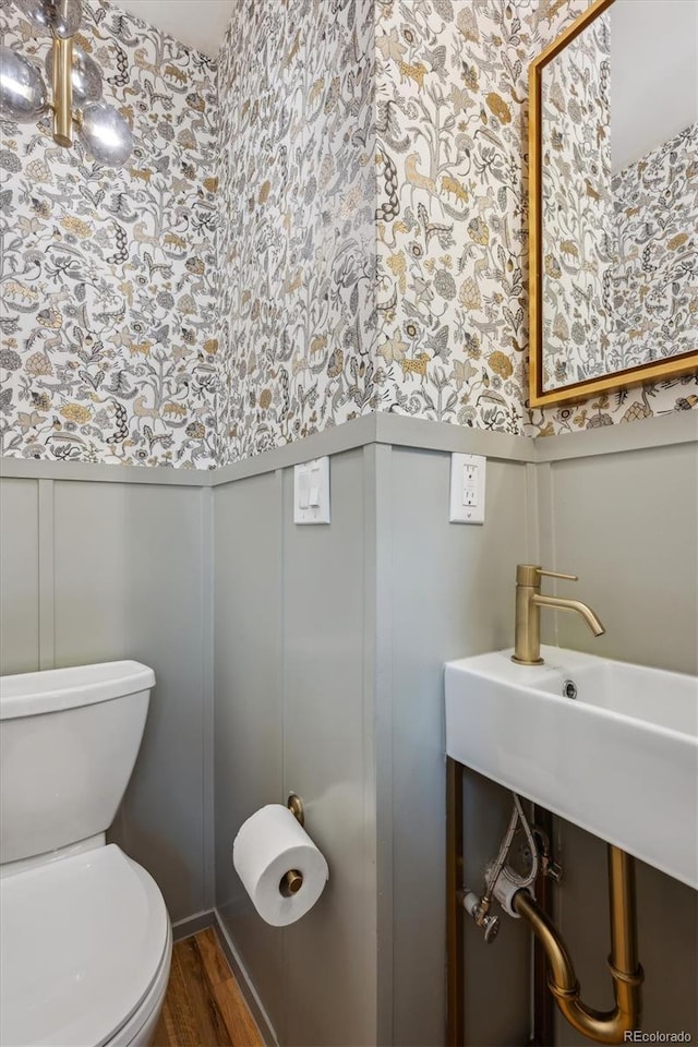 bathroom featuring a decorative wall, wallpapered walls, toilet, wood finished floors, and wainscoting