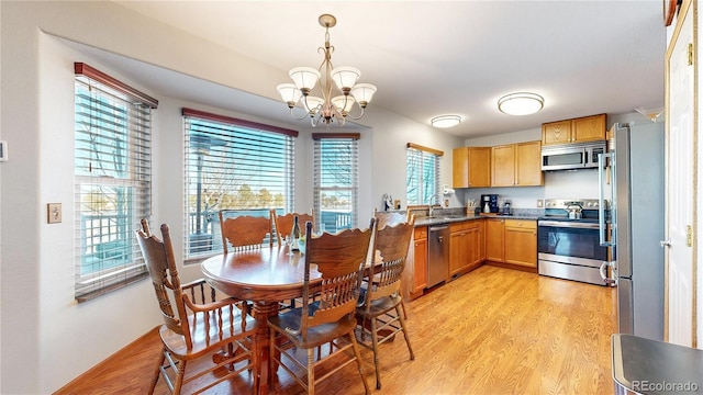 kitchen with a chandelier, stainless steel appliances, light wood-type flooring, pendant lighting, and plenty of natural light