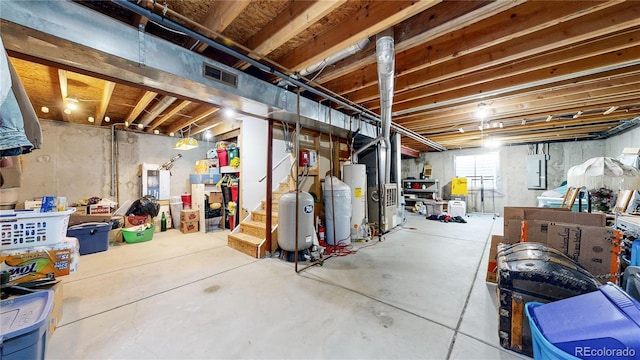 basement featuring electric panel and gas water heater