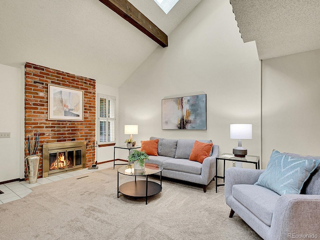 7781 S Curtice Dr Unit D, Littleton, CO 80120 - carpeted living room featuring a fireplace, high vaulted ceiling, tile patterned floors, beamed ceiling, and a skylight
