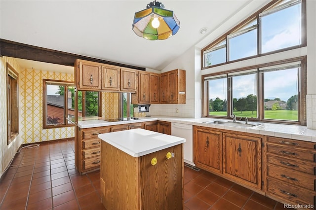 11621 Shoshone Way, Denver, CO 80234 - kitchen with dark tile patterned floors, brown cabinets, black electric cooktop, lofted ceiling, and dishwasher
