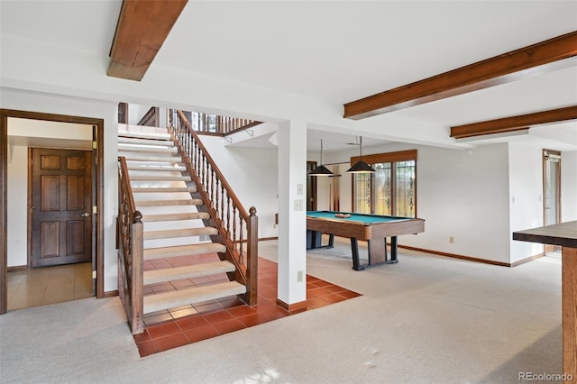 11621 Shoshone Way, Denver, CO 80234 - playroom with carpet floors, beamed ceiling, pool table, and tile patterned flooring