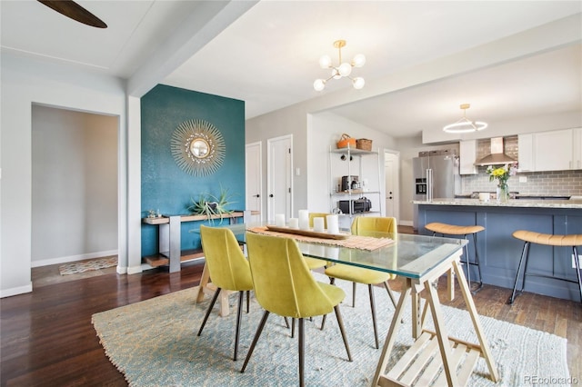 6188 S Westview St, Littleton, CO 80120 - dining space featuring baseboards, beamed ceiling, dark wood-style floors, and a chandelier