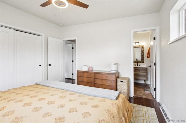 6188 S Westview St, Littleton, CO 80120 - bedroom with a ceiling fan, baseboards, a closet, dark wood-style floors, and ensuite bath