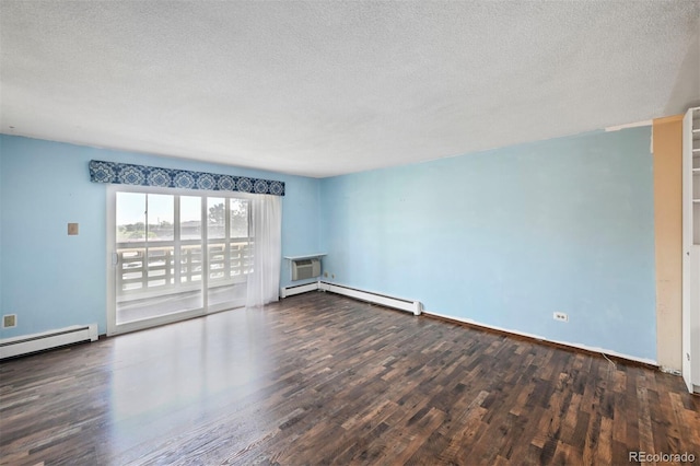 350 S Clinton St Unit 8C, Denver, CO 80247 - unfurnished room with a baseboard radiator, wood finished floors, a textured ceiling, and a wall unit AC