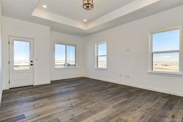 16990 Early Light Dr, Colorado Springs, CO 80908 - unfurnished room with recessed lighting, baseboards, a tray ceiling, and dark wood-style flooring