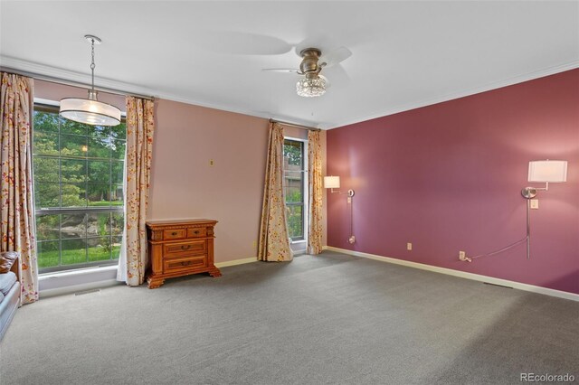 2800 S University Blvd Unit 1, Denver, CO 80210 - carpeted empty room with ornamental molding and ceiling fan
