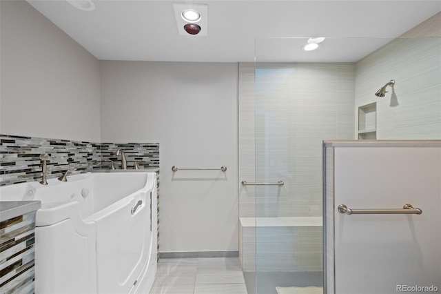 2800 S University Blvd Unit 1, Denver, CO 80210 - full bathroom with walk in shower, decorative backsplash, a tub with jets, recessed lighting, and tile patterned flooring