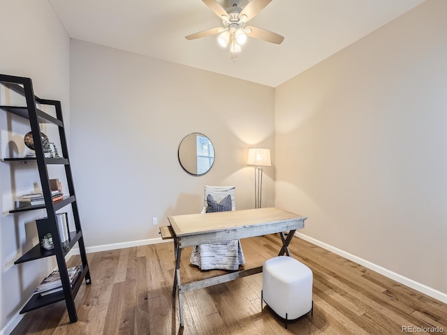 office area featuring hardwood / wood-style flooring and ceiling fan