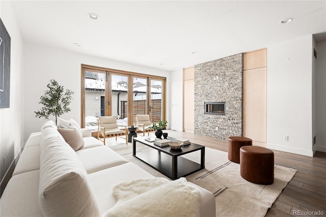 living room with hardwood / wood-style floors and a stone fireplace