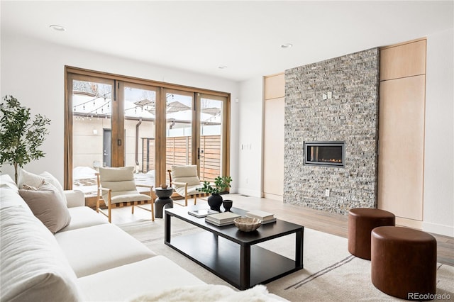 living room with light hardwood / wood-style flooring and a fireplace