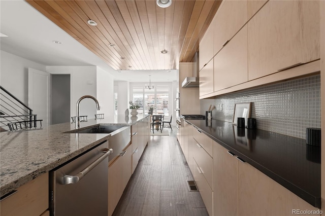 kitchen featuring stainless steel dishwasher, dark hardwood / wood-style flooring, sink, light stone counters, and wooden ceiling