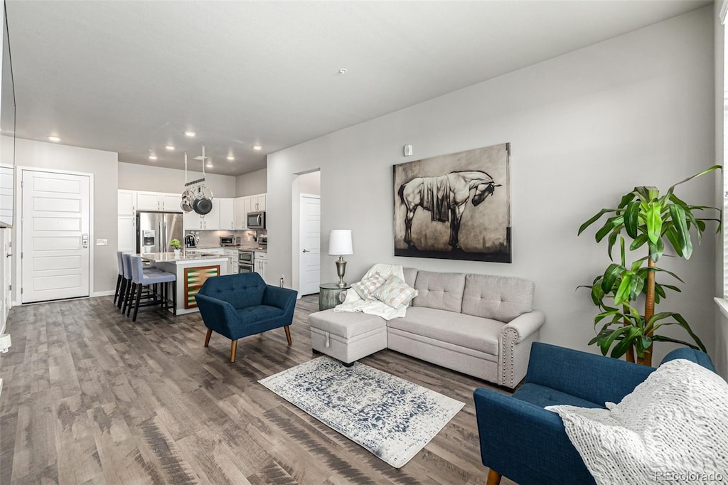 living room with dark hardwood / wood-style flooring