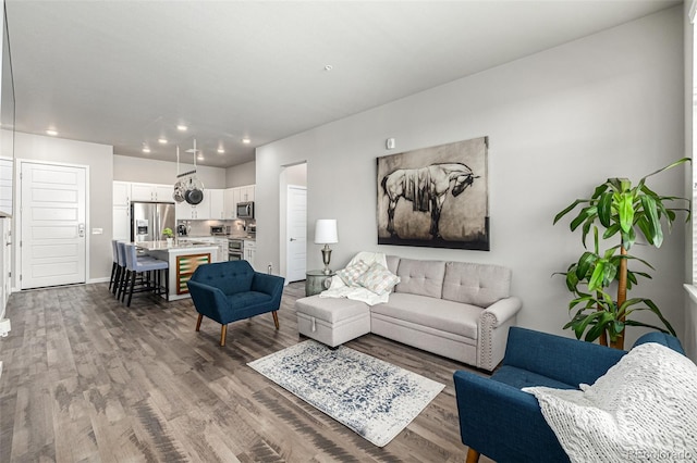 living room with dark hardwood / wood-style flooring