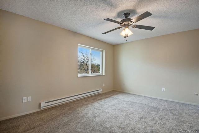 spare room with carpet floors, a ceiling fan, a textured ceiling, and baseboard heating