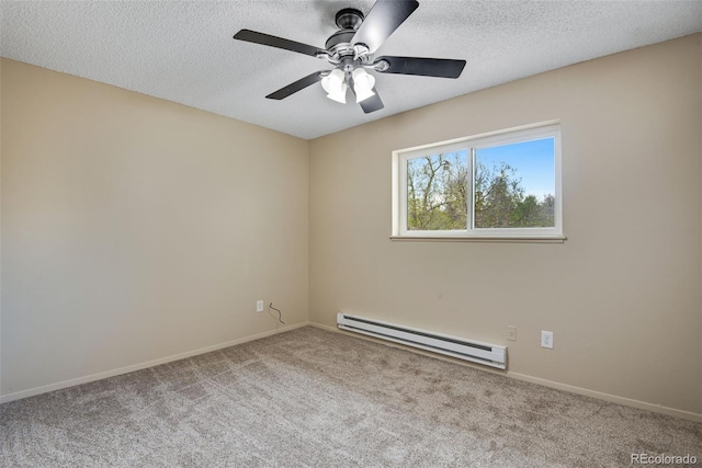 unfurnished room featuring baseboards, a baseboard radiator, ceiling fan, and carpet flooring